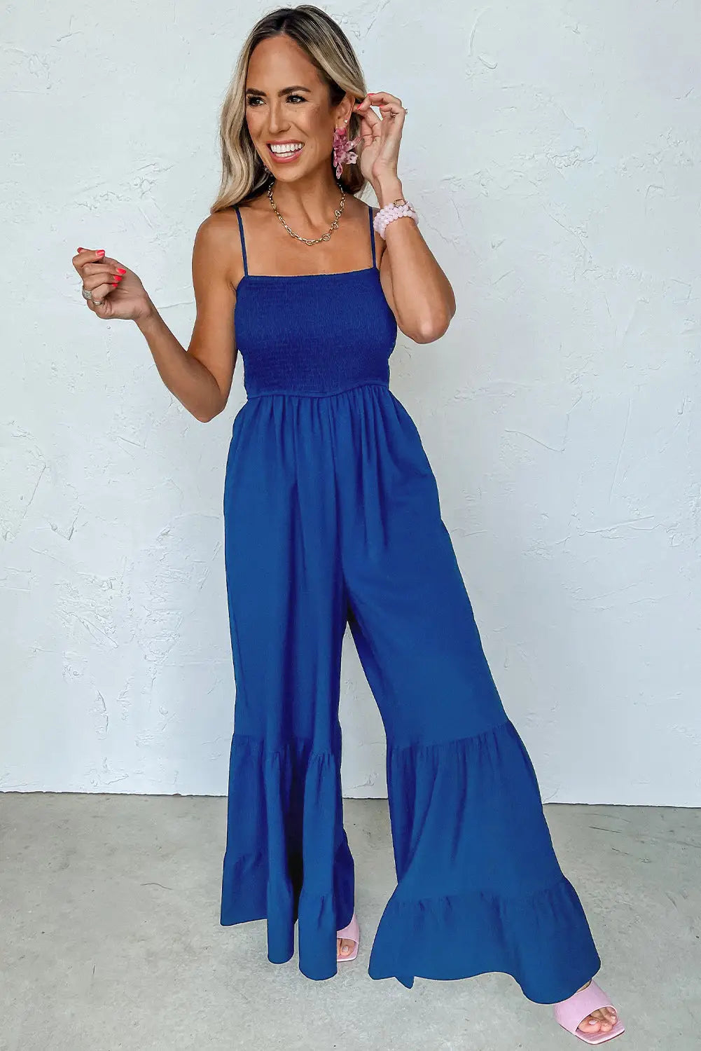 Navy blue spaghetti straps smocked ruffled wide leg jumpsuit - jumpsuits & rompers