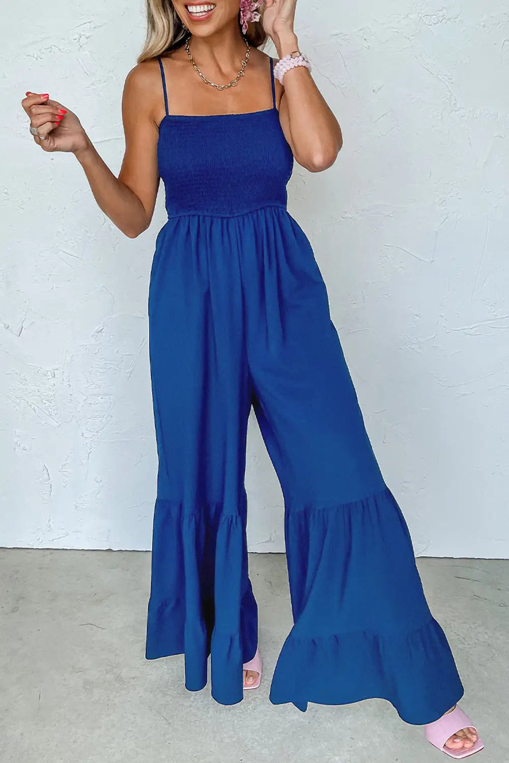 Navy blue spaghetti straps smocked ruffled wide leg jumpsuit - l / 100% polyester - jumpsuits & rompers