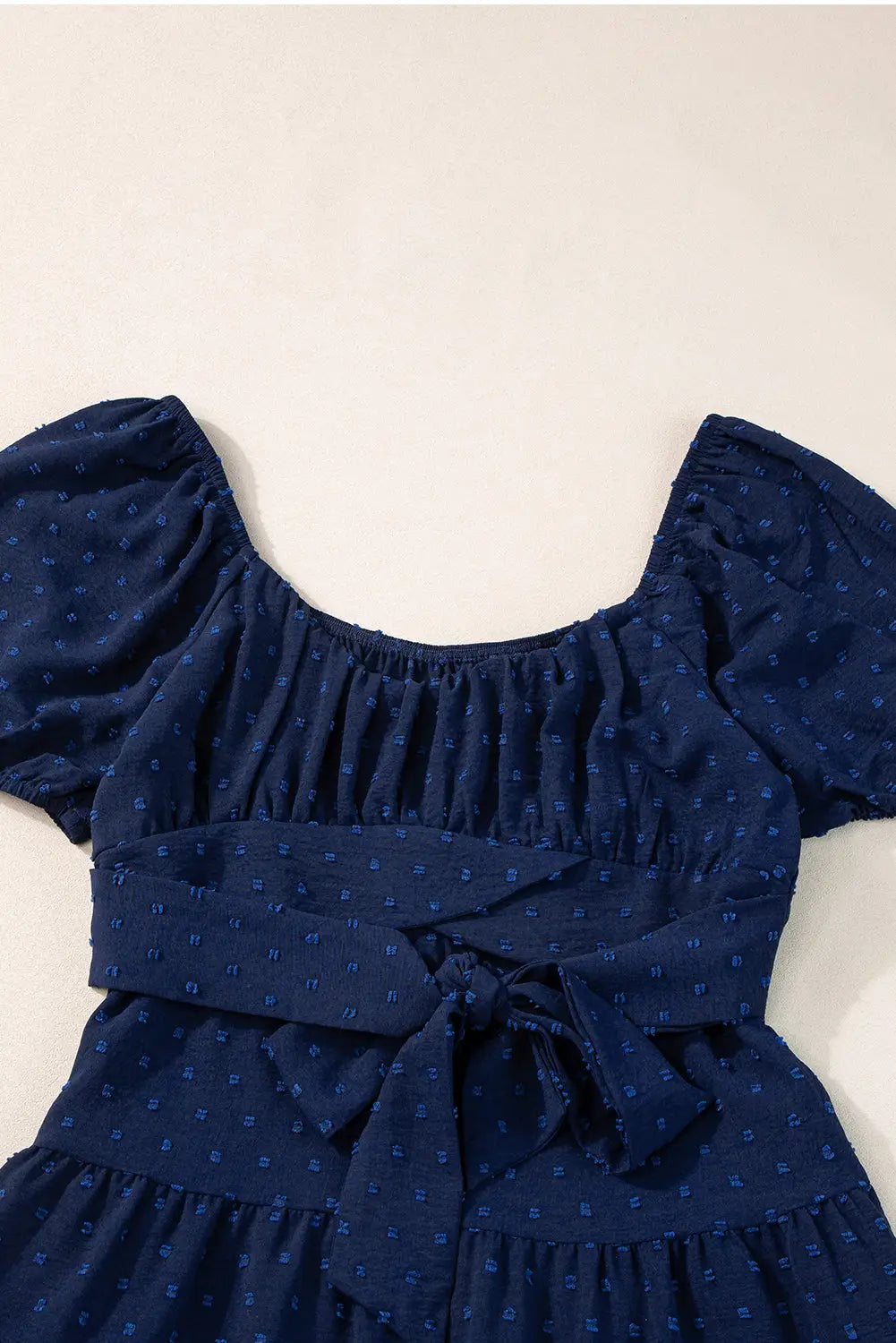 Navy blue swiss dot jacquard puff sleeve crossover tied tiered dress - dresses
