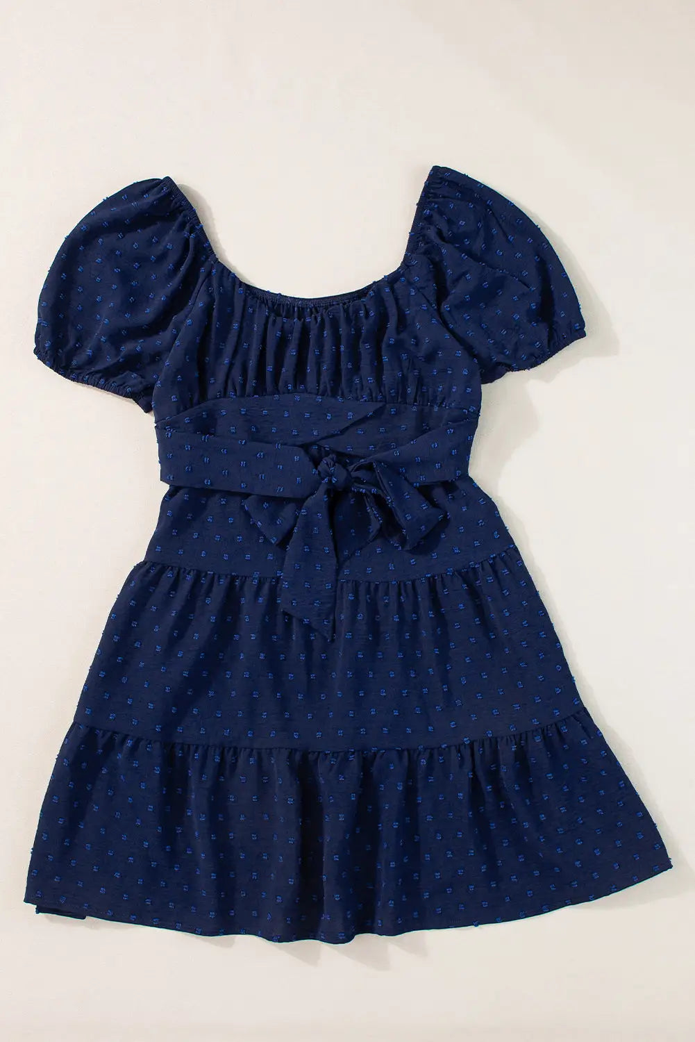 Navy blue swiss dot jacquard puff sleeve crossover tied tiered dress - dresses
