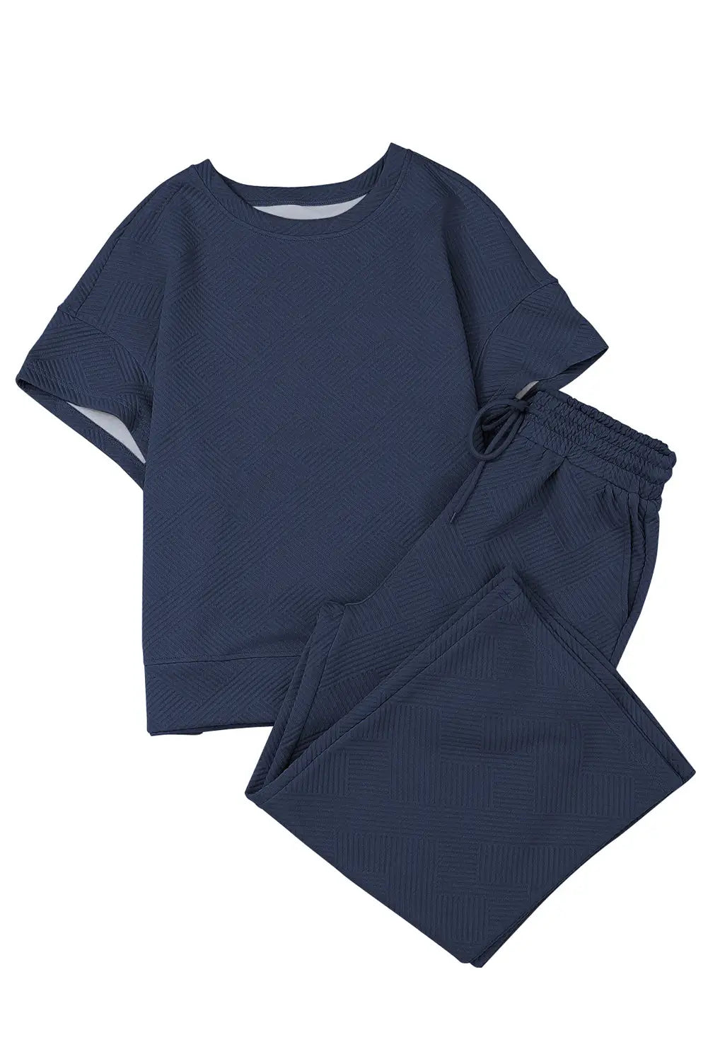 Navy blue textured loose fit t shirt and drawstring pants set - loungewear