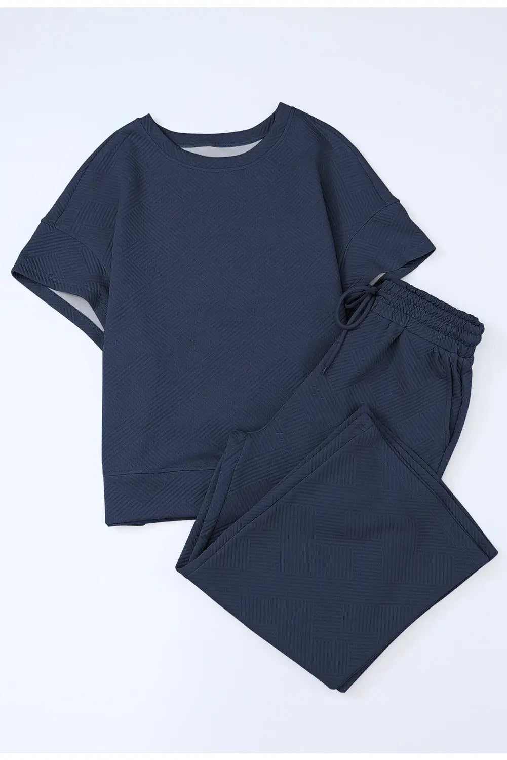 Navy blue textured loose fit t shirt and drawstring pants set - loungewear