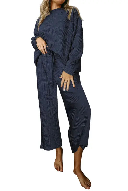 Navy blue textured loose fit t shirt and drawstring pants set - loungewear