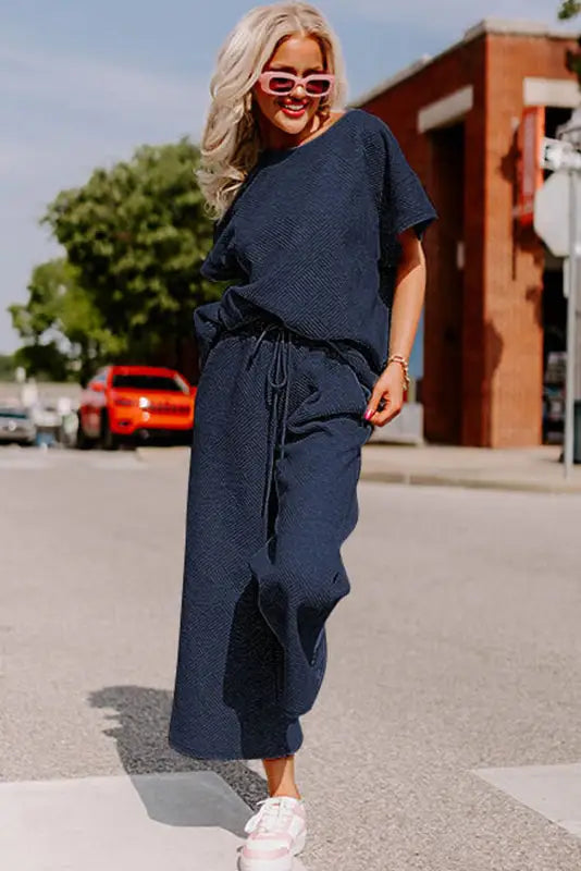 Navy blue textured loose fit t shirt and drawstring pants set - loungewear