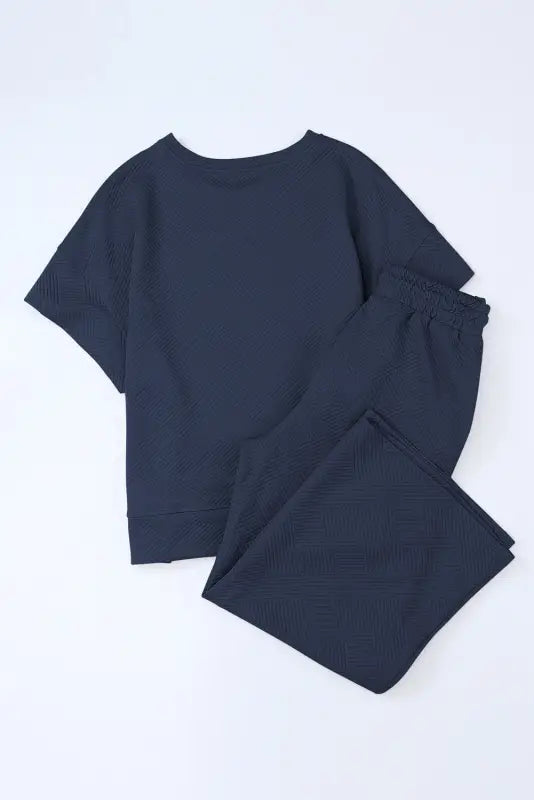 Navy blue textured loose fit t shirt and drawstring pants set - loungewear