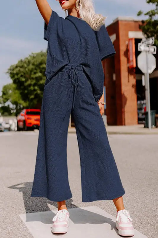 Navy blue textured loose fit t shirt and drawstring pants set - loungewear