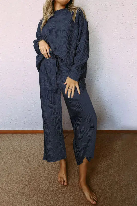 Navy blue textured loose fit t shirt and drawstring pants set - blue1 / s / 95% polyester + 5% elastane - loungewear