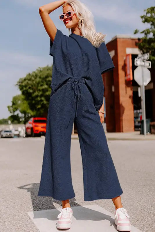 Navy blue textured loose fit t shirt and drawstring pants set - loungewear