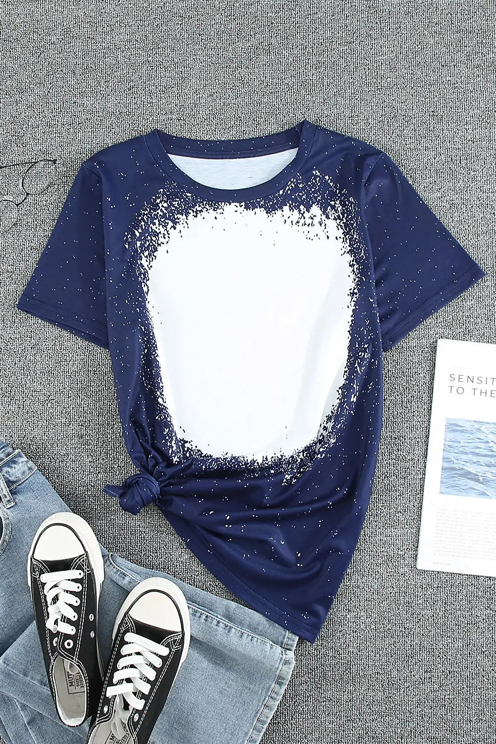 Navy tie-dyed round neck short sleeve t-shirt - tops
