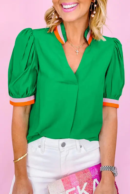 Neon trim chic shirt - bright green / s / 85% viscose + 15% polyamide - tops/blouses & shirts