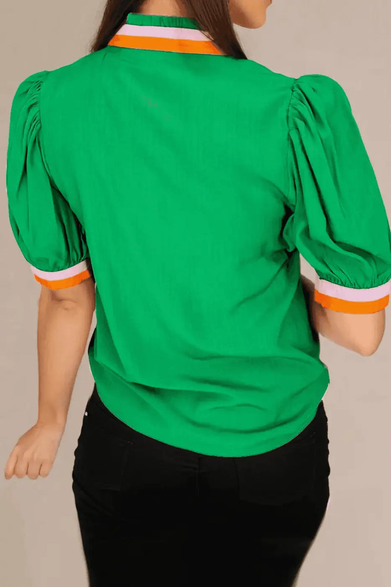 Close-up of Colour Block Puff Sleeve Neon Trim Blouse showing electric neon trim detail and colour block design — Fashionfitz