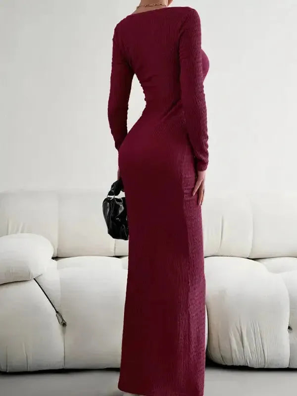 New Ladies Fit Square Neck Long Sleeve Knitted Dress - Fashionfitz