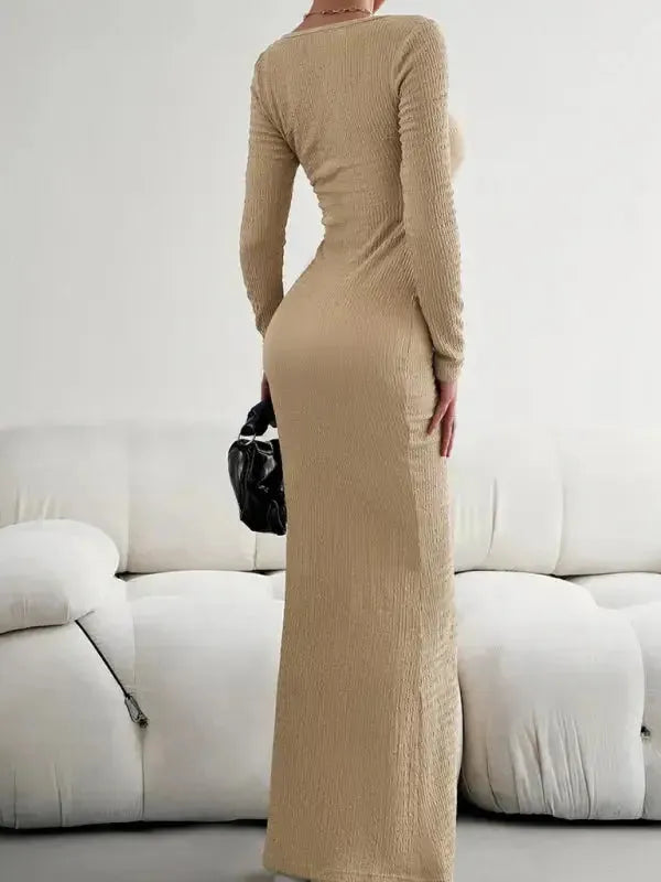 New Ladies Fit Square Neck Long Sleeve Knitted Dress - Fashionfitz