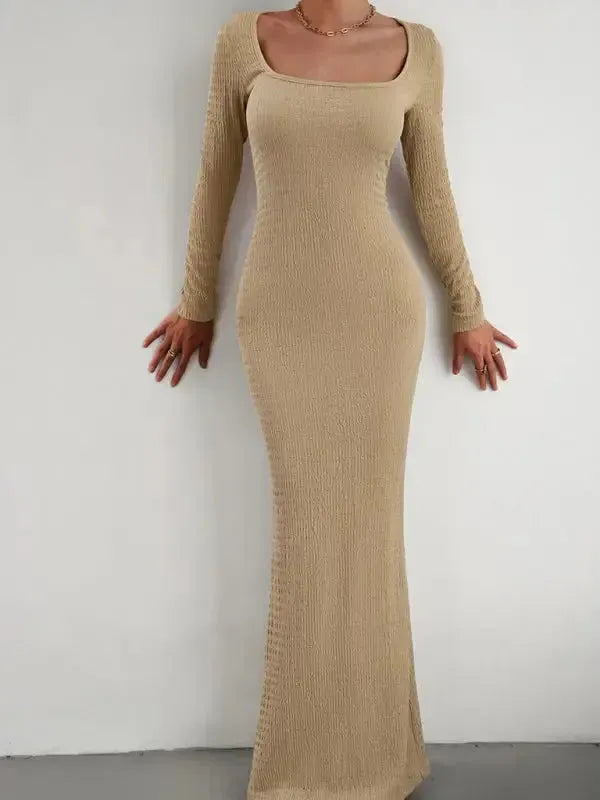 New Ladies Fit Square Neck Long Sleeve Knitted Dress - Fashionfitz