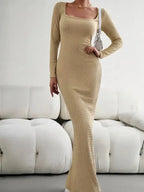 New Ladies Fit Square Neck Long Sleeve Knitted Dress - Fashionfitz