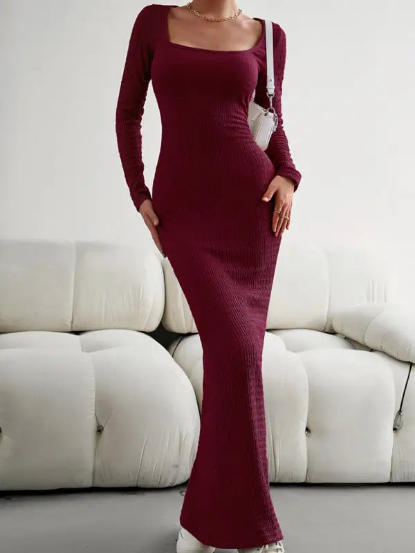 New ladies fit square neck long sleeve knitted dress