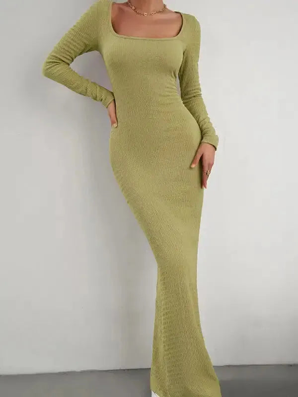New Ladies Fit Square Neck Long Sleeve Knitted Dress - Fashionfitz