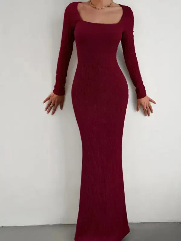 New Ladies Fit Square Neck Long Sleeve Knitted Dress - Fashionfitz