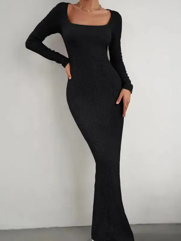 New Ladies Fit Square Neck Long Sleeve Knitted Dress - Fashionfitz
