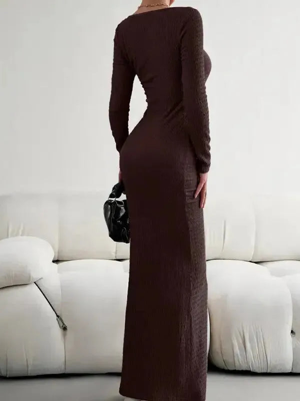 New Ladies Fit Square Neck Long Sleeve Knitted Dress - Fashionfitz