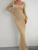 New Ladies Fit Square Neck Long Sleeve Knitted Dress - Fashionfitz