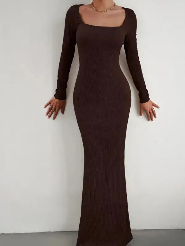New Ladies Fit Square Neck Long Sleeve Knitted Dress - Fashionfitz