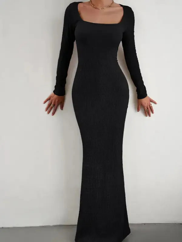 New Ladies Fit Square Neck Long Sleeve Knitted Dress - Fashionfitz