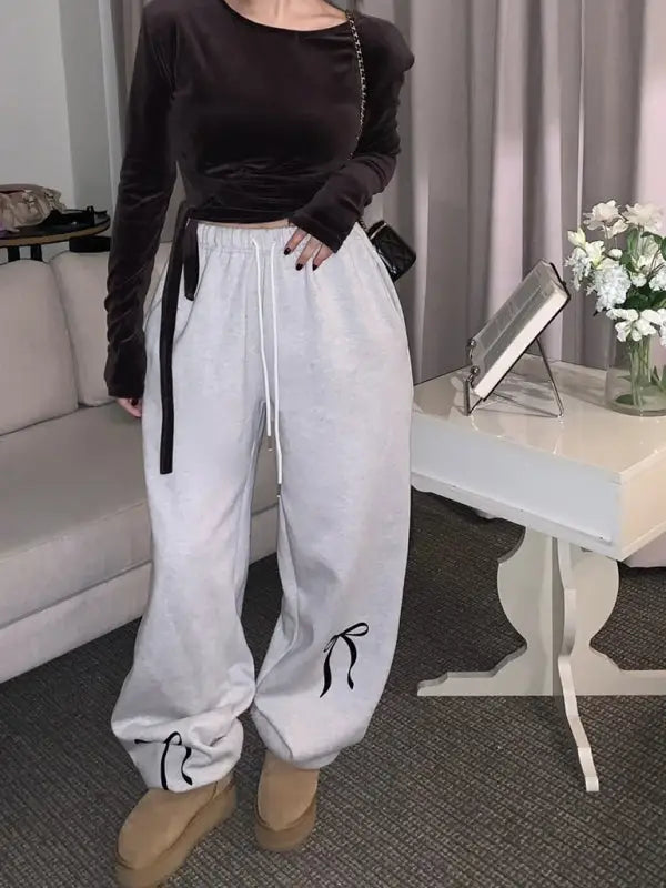 New women’s bow printed velvet thickened sweatpants - sweatpants