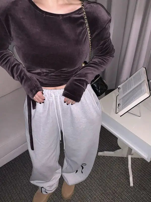 New women’s bow printed velvet thickened sweatpants - sweatpants