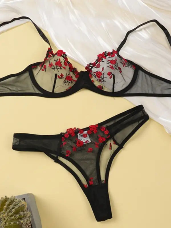Flower power 2 piece lingerie set - mesh - black / s - sets