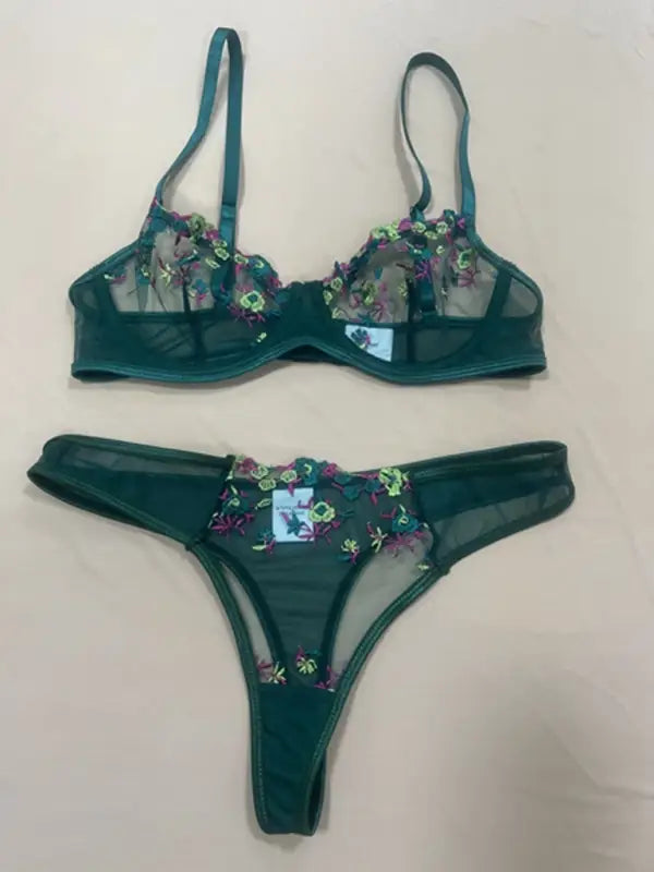 Flower power 2 piece lingerie set - mesh - green black jasper / s - sets