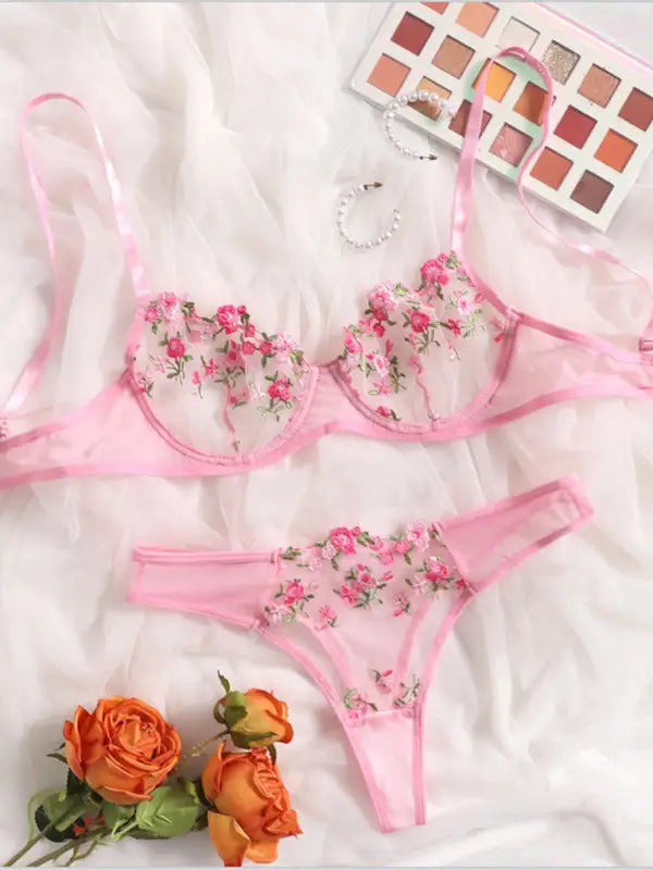 Flower power 2 piece lingerie set - mesh - pink / s - sets