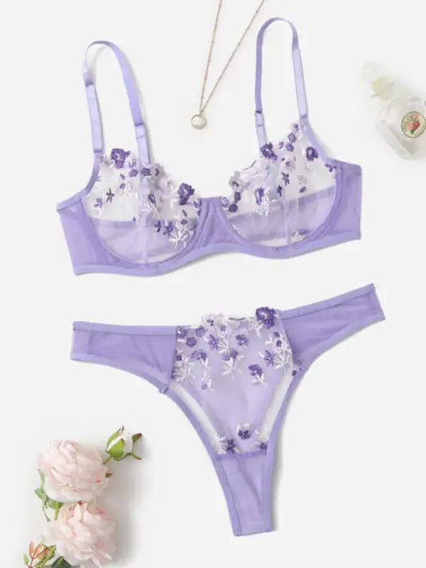 Flower power 2 piece lingerie set - mesh - purple / s - sets