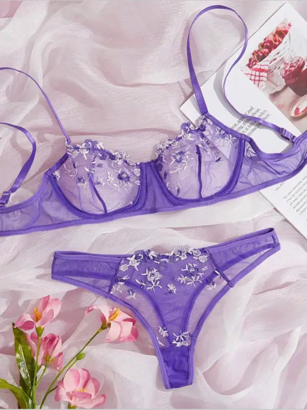 Flower power 2 piece lingerie set - mesh - violet / s - sets