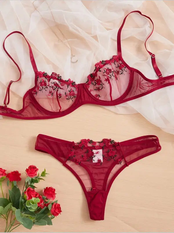 Flower power 2 piece lingerie set - mesh - wine red / s - sets