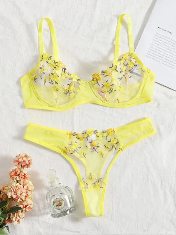 Flower power 2 piece lingerie set - mesh - yellow / s - sets