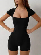 New yoga tight-fitting shoulder sleeve sports jumpsuit shorts - Fashionfitz