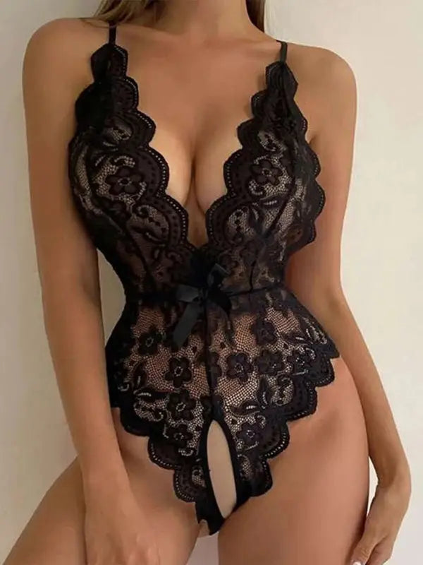 Nice and lacey lace teddy lingerie - black / s