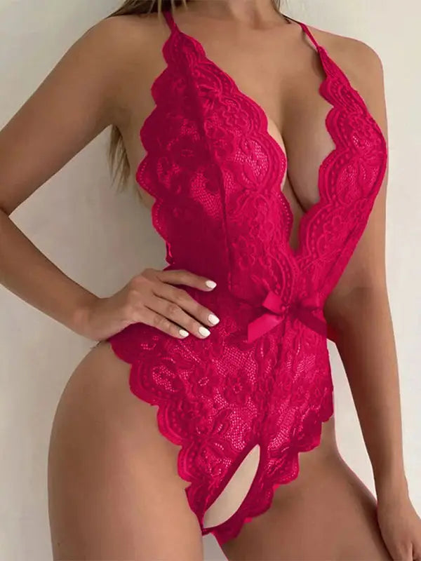 Nice and lacey lace teddy lingerie - red / s