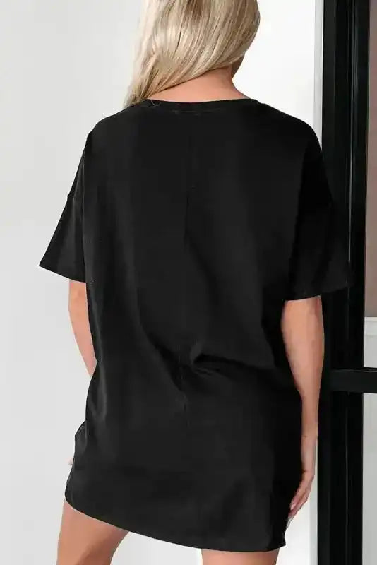 Back view of Black Cotton Tunic T-Shirt showing tunic length and 95% cotton short sleeve construction — Fashionfitz