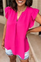 Notched Neck Ruffle Sleeve Blouse - Fashionfitz