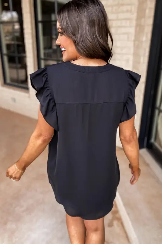 Black notched neck ruffle sleeve blouse - blouses & shirts