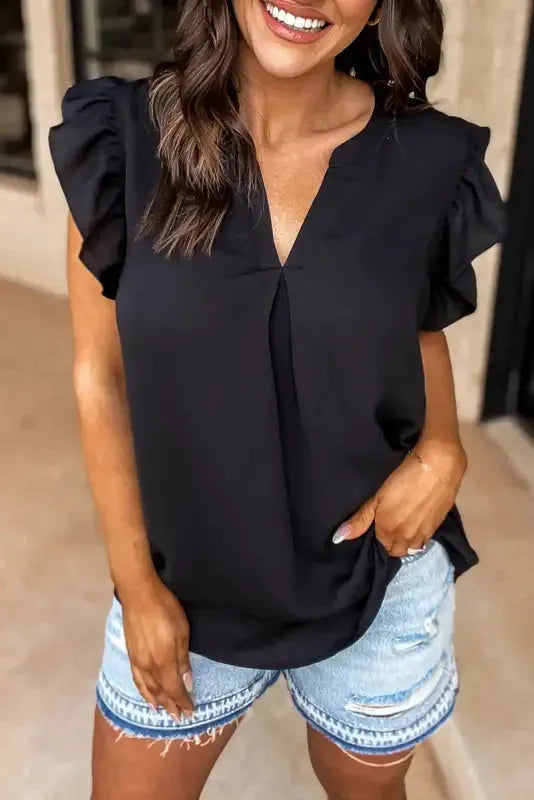 Notched Neck Ruffle Sleeve Blouse - Fashionfitz