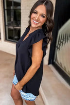 Notched Neck Ruffle Sleeve Blouse - Fashionfitz