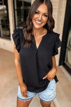 Notched Neck Ruffle Sleeve Blouse - Fashionfitz