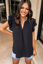Notched Neck Ruffle Sleeve Blouse - Fashionfitz