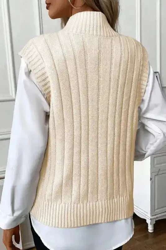 Oatmeal Cable Knit High Neck Sweater Vest - Fashionfitz