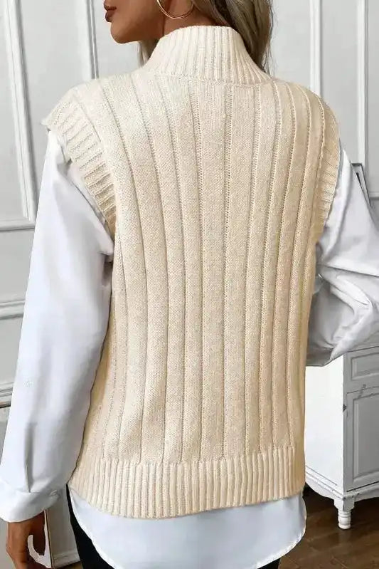 Oatmeal Cable Knit High Neck Sweater Vest - Fashionfitz