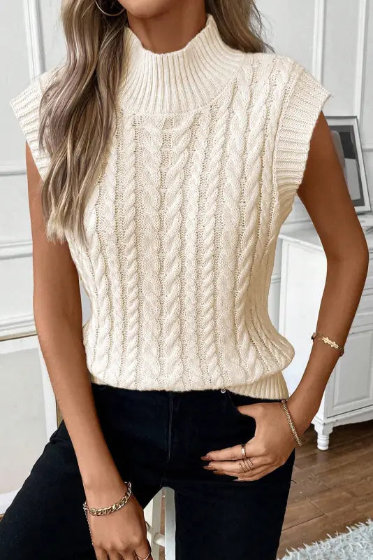 Oatmeal cable knit high neck sweater vest - sale