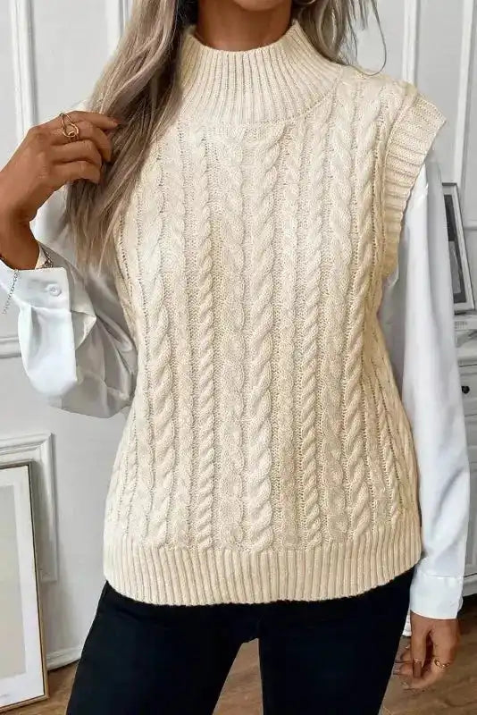 Oatmeal Cable Knit High Neck Sweater Vest - Fashionfitz